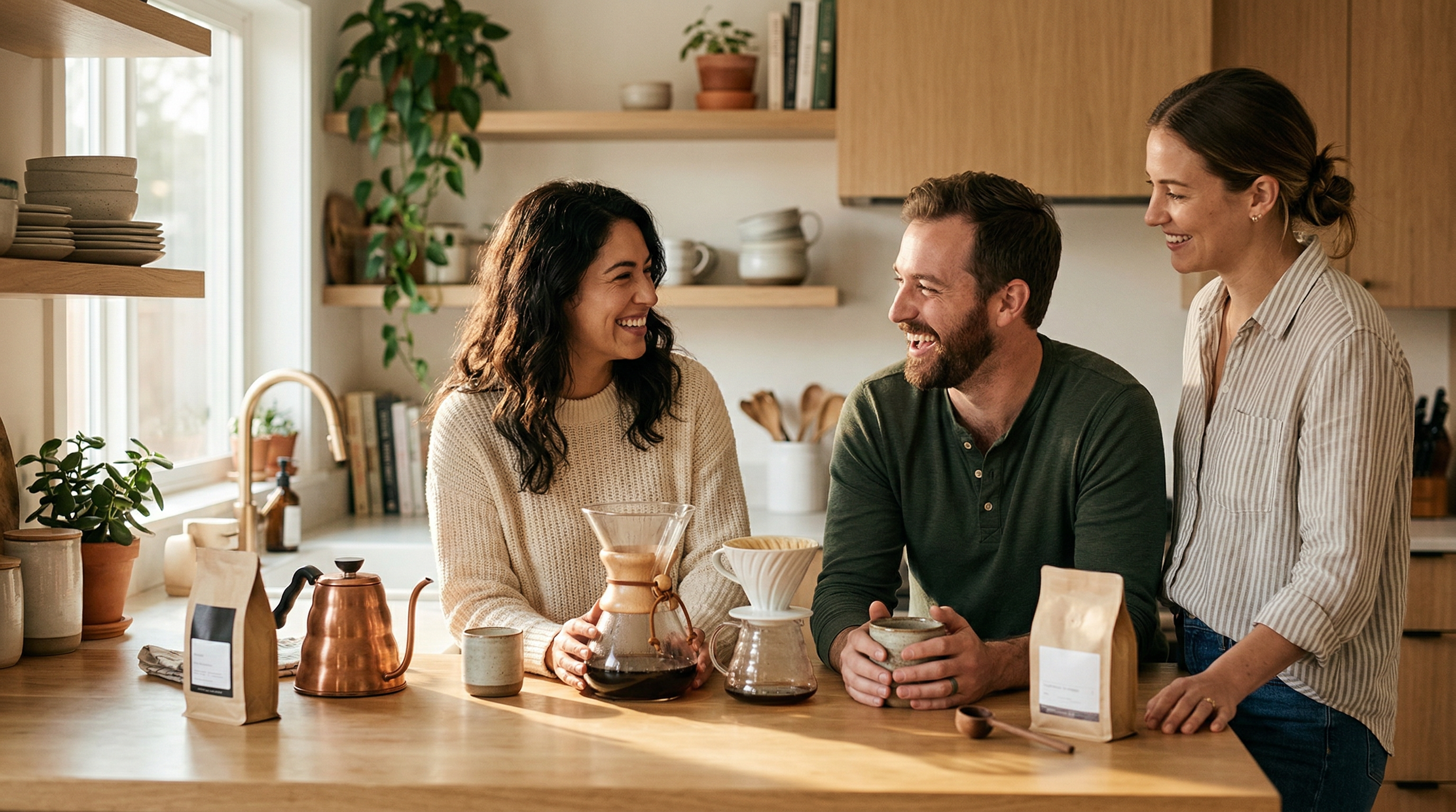 Side-by-side comparison of Hario V60, Chemex, and Kalita Wave pour over coffee makers on wooden counter