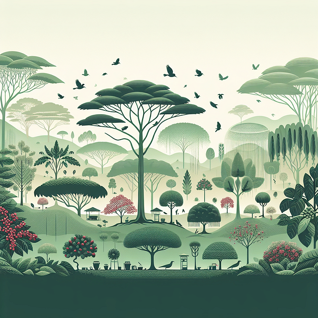 shade-grown coffee plantation with diverse trees and birds