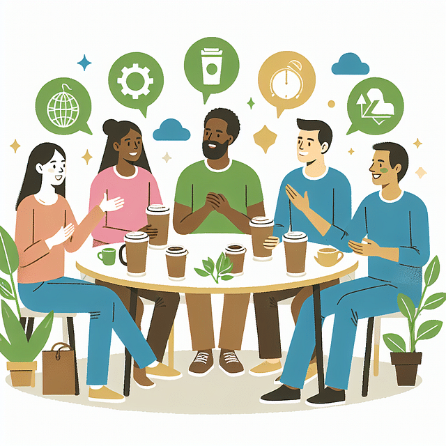 group of people enjoying coffee and discussing sustainable practices