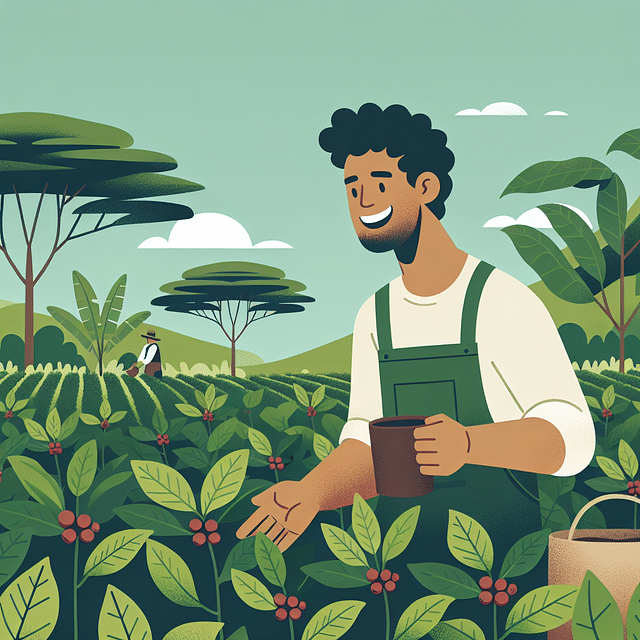 happy coffee farmer in a sustainable shade-grown coffee farm