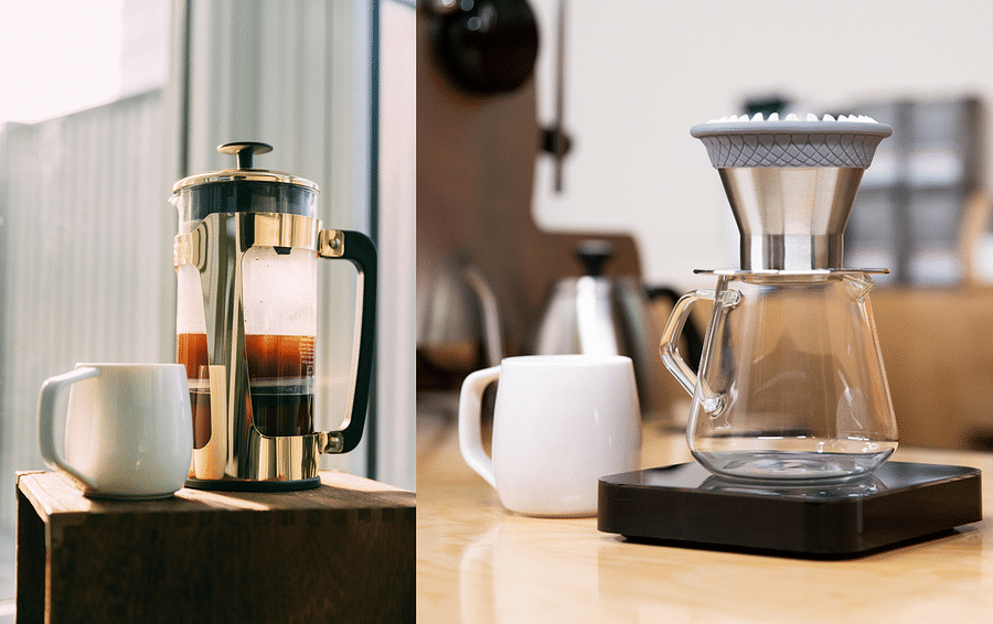 Side by side comparison of Pour Over Coffee and French Press brewing methods