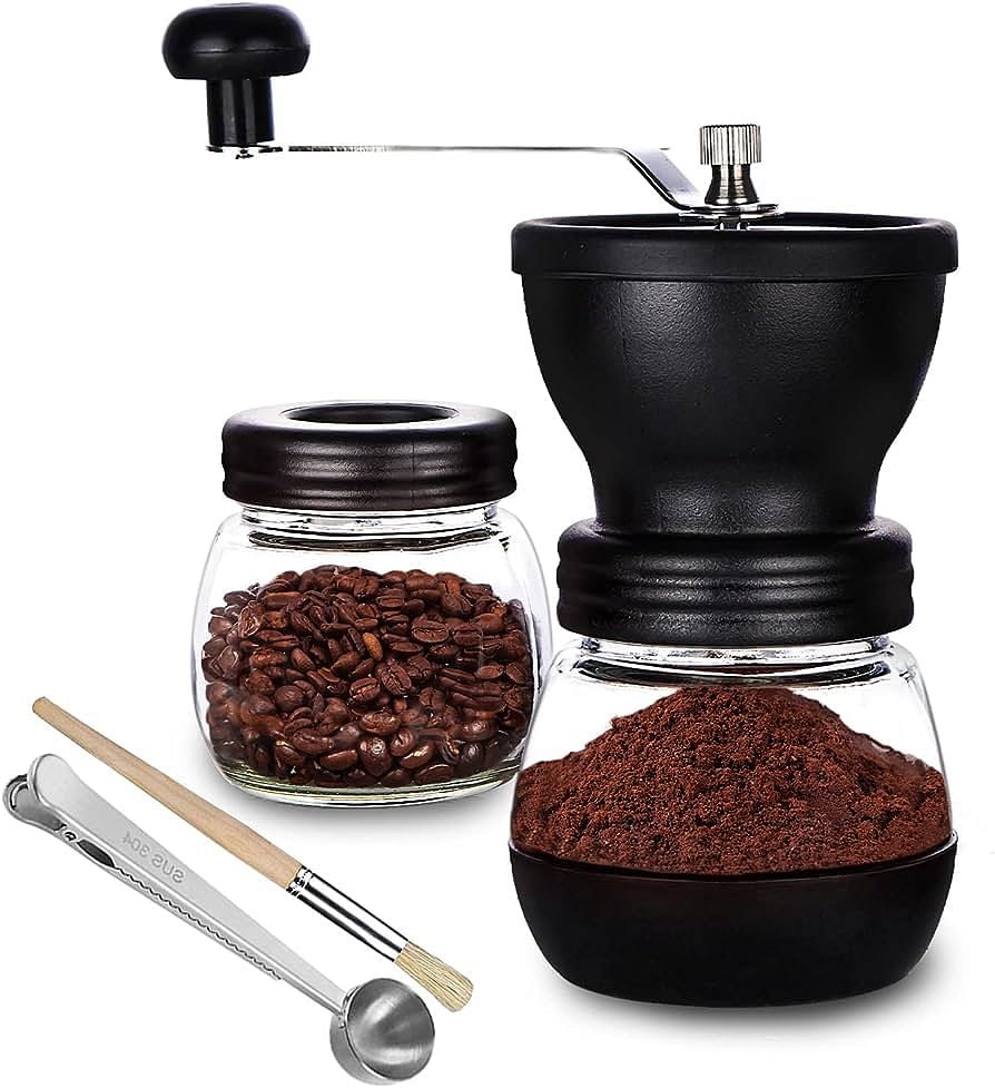 Close-up shot of a hand coffee grinder filled with fresh coffee beans