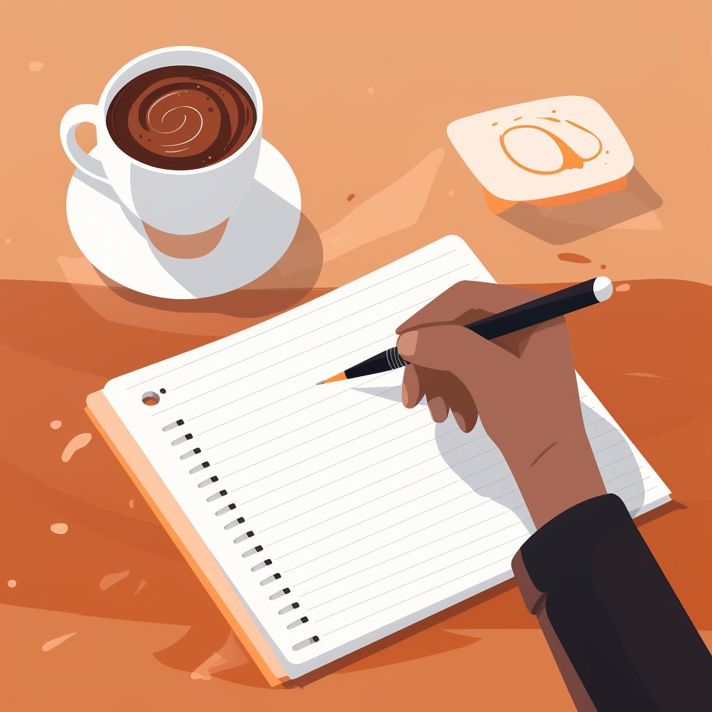 A person writing down their daily coffee intake in a notebook